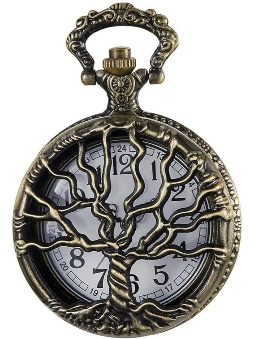 Men's Brown Analog Quartz Tree Shape Pendant Necklace Round Case Pocket Watch